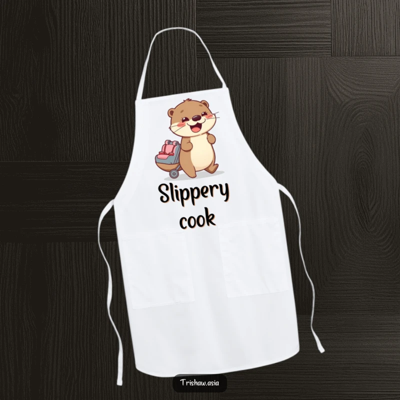 Funny Apron showing a cheerful otter character enthusiastically pushing a small passenger seat, ready for kitchen duty with a smile.