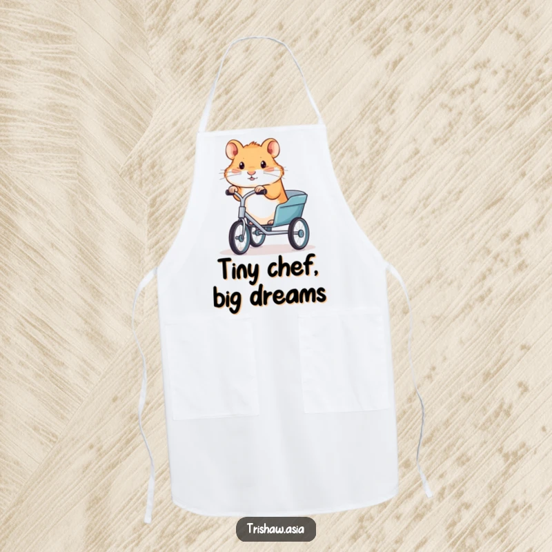 Funny apron with a determined hamster gripping trishaw handlebars, perfect for kitchen duties with a humorous twist.