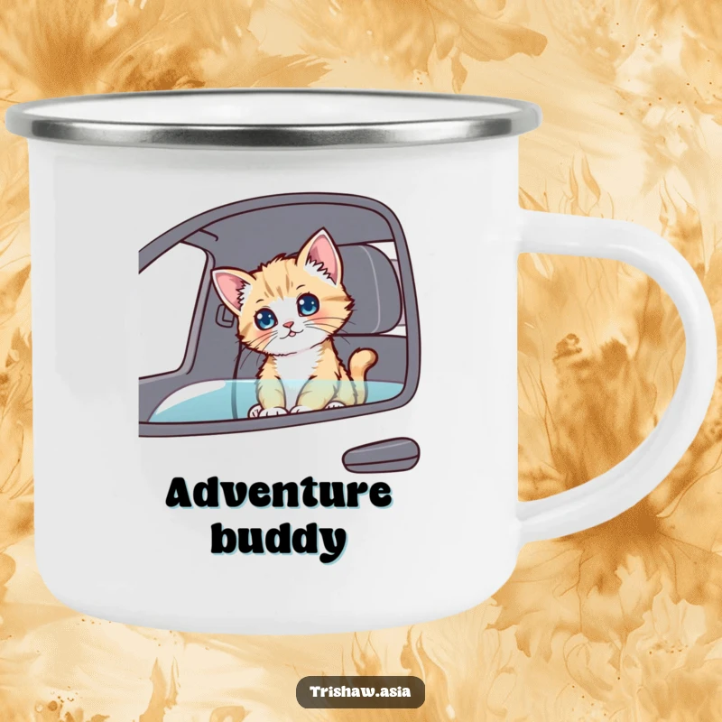 Funny Camping Mug featuring a playful kitten sitting in a passenger seat, looking around curiously, perfect for rugged adventures.