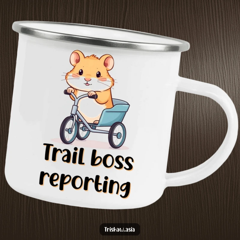 Funny camping mug with a determined hamster piloting a trishaw, perfect for sipping hot beverages during outdoor excursions.