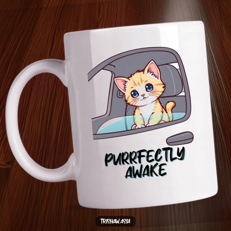 Funny Mug featuring a playful kitten sitting in a passenger seat, looking around curiously with wide, interested eyes.