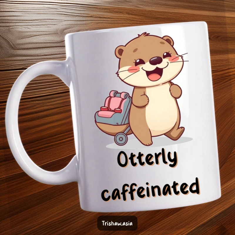 Funny Mug featuring a cheerful otter character enthusiastically pushing a small passenger seat with a big smile.