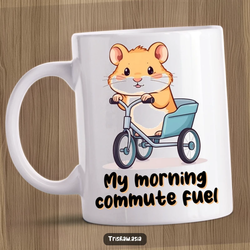 Funny mug showing a tiny, determined hamster gripping the handlebars of a small trishaw, ready for an adventure, bringing smiles.