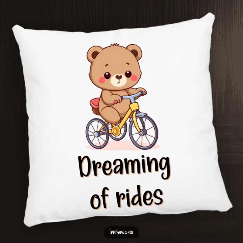 Funny Pillow featuring a small, round bear cub proudly pedaling a tiny, colorful trishaw, offering plush comfort and charm.
