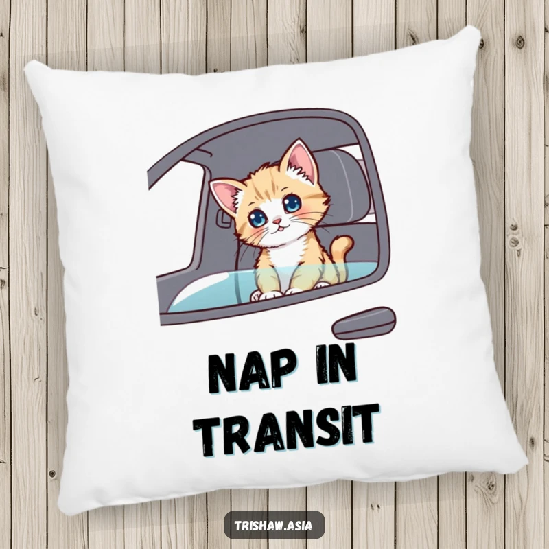 Funny Pillow featuring a playful kitten sitting in a passenger seat, looking around curiously, offering plush comfort and charm.