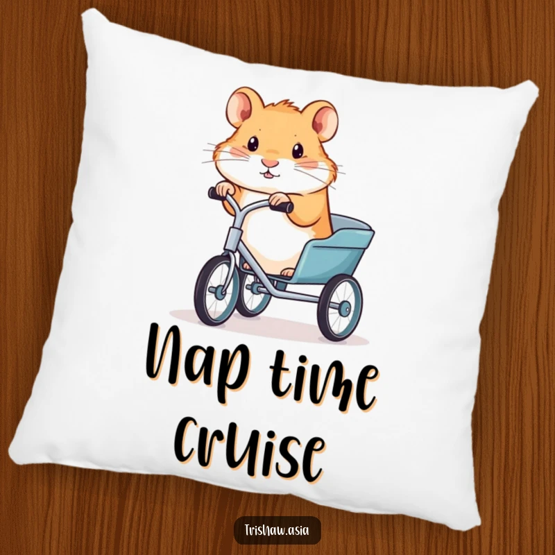 Funny pillow featuring a determined tiny hamster on a trishaw, offering plush comfort and a humorous visual.