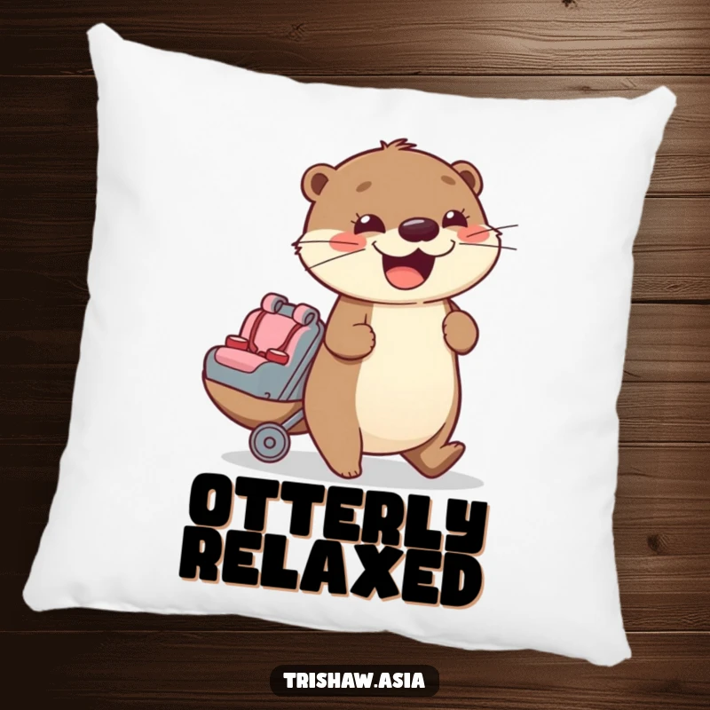 Funny Pillow featuring a cheerful otter character enthusiastically pushing a small passenger seat, offering plush comfort and charm.