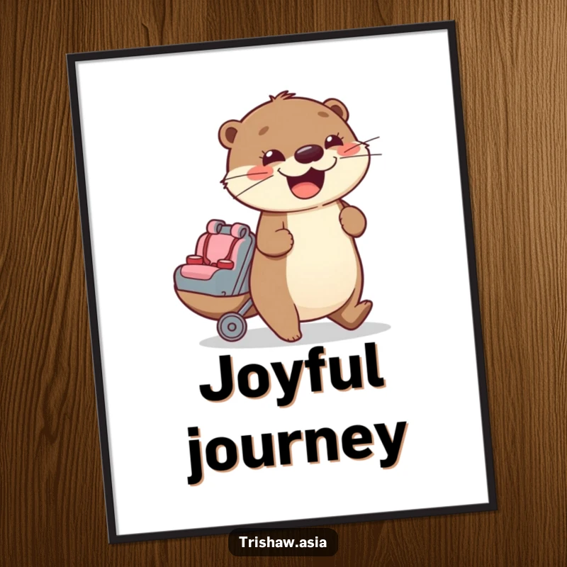 Funny Digital Art Print of a cheerful otter character enthusiastically pushing a small passenger seat, radiating joy and helpfulness.