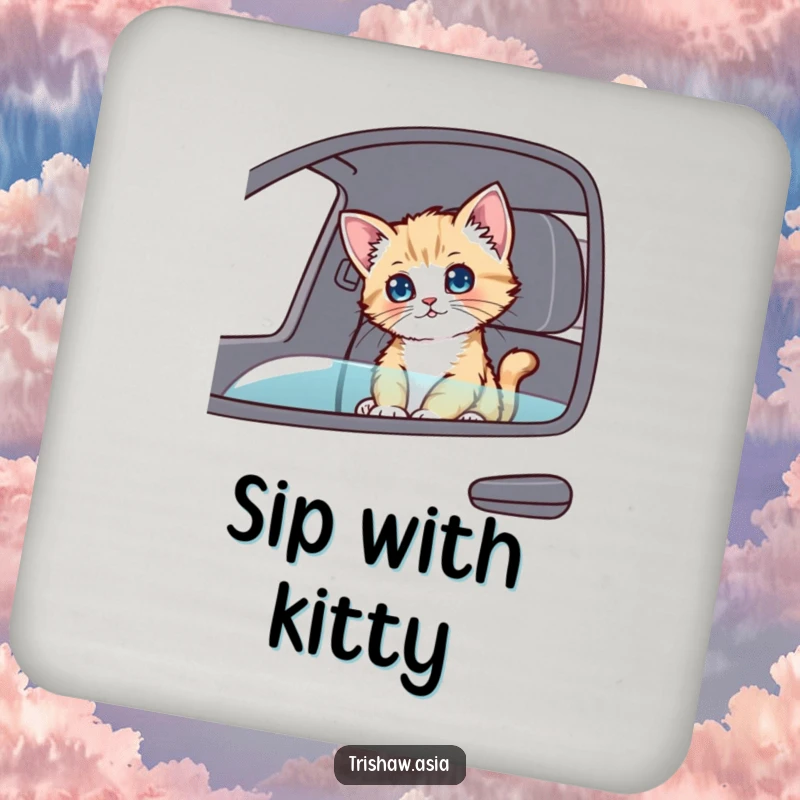 Funny Coasters featuring a playful kitten sitting in a passenger seat, looking around curiously, protecting surfaces with adorable flair.