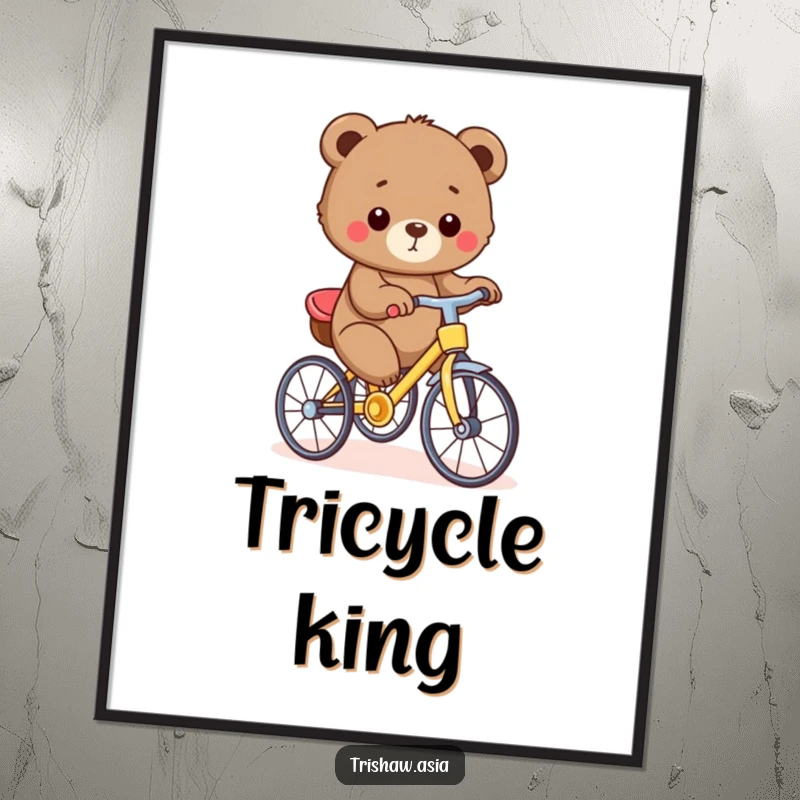 Funny Poster of a small, round bear cub proudly pedaling a tiny, colorful trishaw, bringing joy and whimsy to decor.