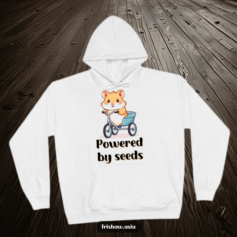 Funny hoodie featuring a determined tiny hamster at the helm of a trishaw, offering comfort and a good laugh.
