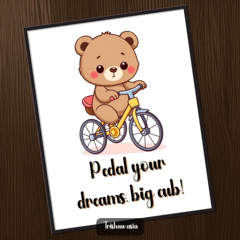 Funny Free Printable Wall Art: Small, round bear cub proudly pedaling a tiny, colorful trishaw, a charming and downloadable piece for any room.
