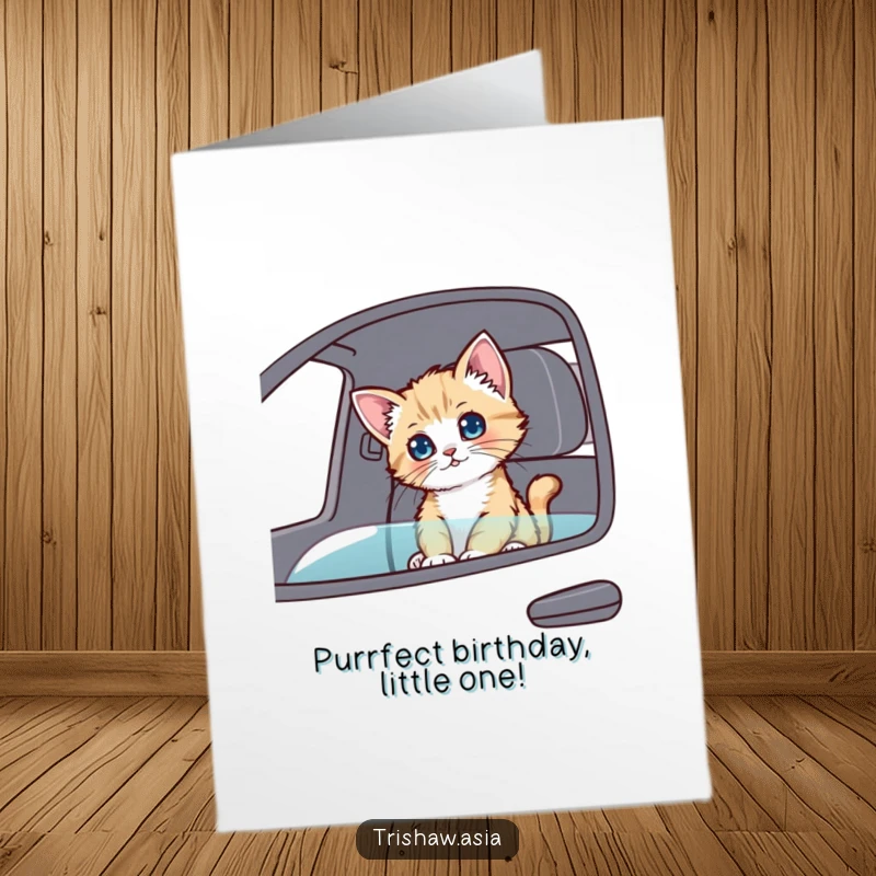 Funny Free Printable Birthday Card: Playful kitten in a passenger seat looking around curiously, on a birthday adventure, a downloadable delight.