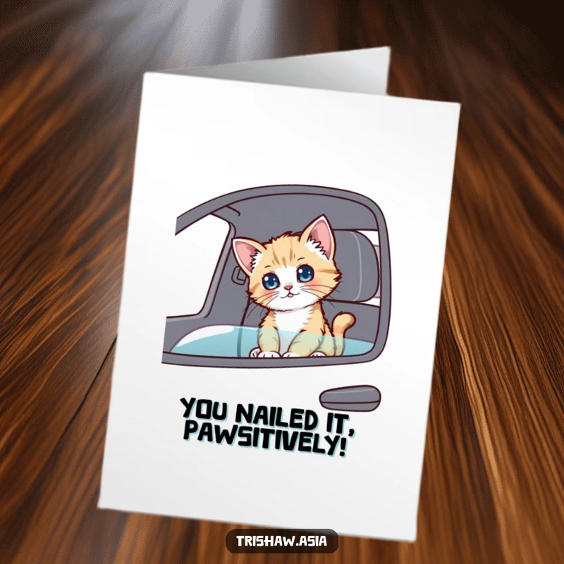 Funny Free Printable Congratulations Card: Playful kitten looking curiously from a passenger seat, celebrating success with a downloadable, sweet message.