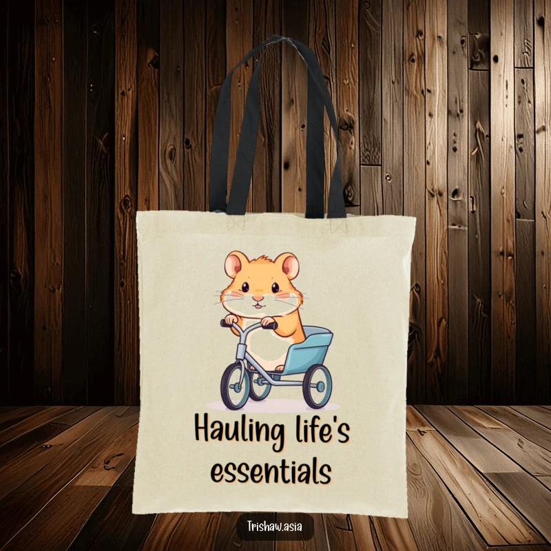 Funny tote bag illustrating a tiny, determined hamster gripping trishaw handlebars, ideal for daily commutes and shopping.