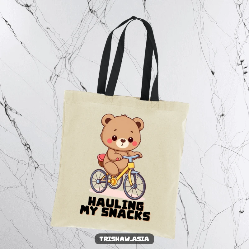 Funny Tote Bag featuring a small, round bear cub pedaling a tiny, colorful trishaw, perfect for carrying essentials with a smile.